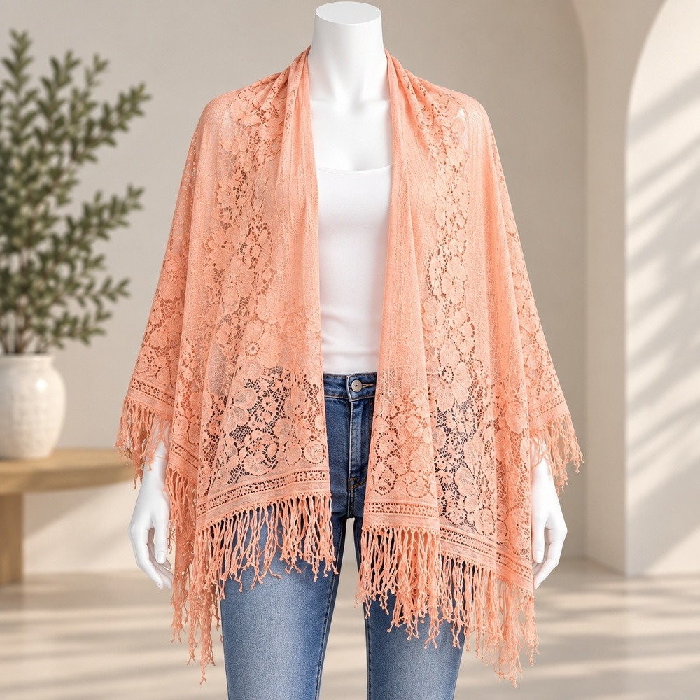 Unbranded Floral Lace Fringe Shawl Scarf Women OS Peach Rectangular Wrap